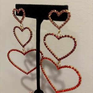 Red and Pink Heart Drop Earrings with Sparkling Gemstones